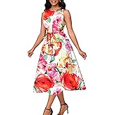 Nmoder Women Summer Dresses Sleeveless Swing Vacation Sundress A-Line Floral Crewneck Casual Midi Dress with Pockets