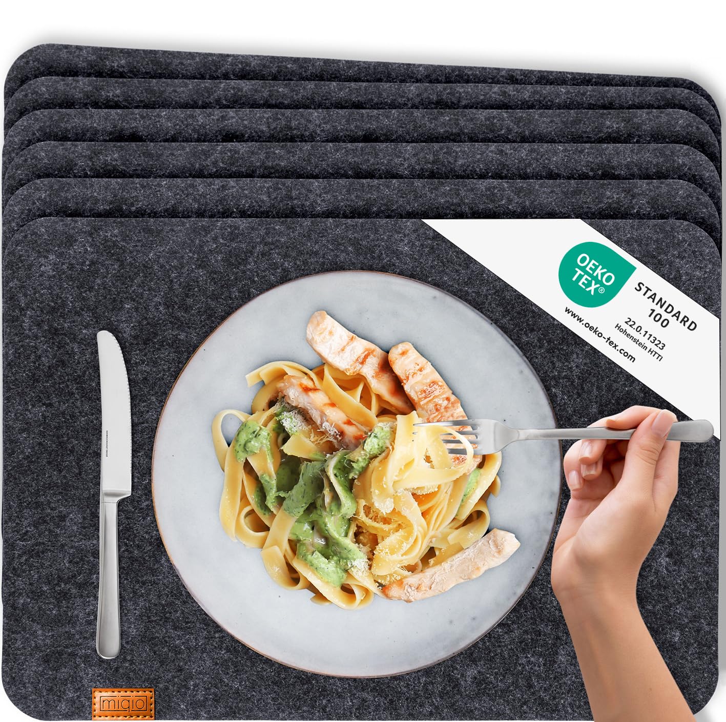 Miqio - Design Felt Place Mat | Brand Label Made of Genuine Leather | Set of 6 Place Mats (Dark Grey Anthracite) Washable | Felt Mat Table Coasters Place Mats Wipeable — image 1