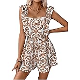 Milumia Women's Floral Print Ruffle Trim Sleeveless Romper Bow Backless Wide Leg Shorts Jumpsuit