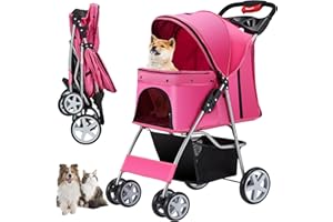 Unisakey 4 Wheels Pet Stroller for Small Medium Dogs Cats 10-33 lbs, Foldable Dog and Cat Stroller with Cup Holder & Storage Basket & Breathable Mesh, Pet Strolling Cart for All-Season, Pink