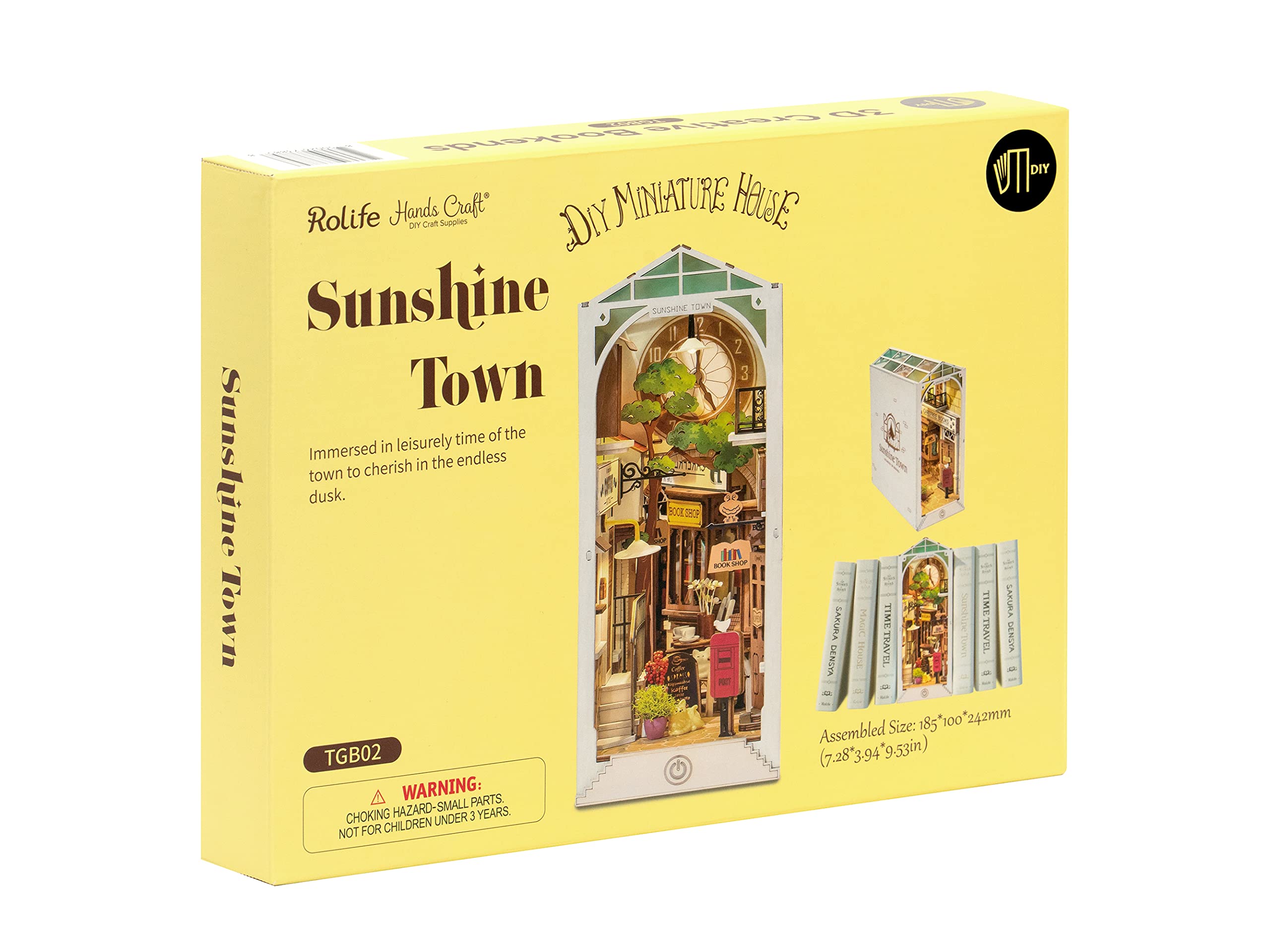 Hands Craft DIY Book Nook Kit – Sunshine Town Miniature House Dollhouse LED Lights Booknook Bookshelf Insert Laser Cut Wooden Puzzle 3D Bookends Book Stand Decor TGB02
