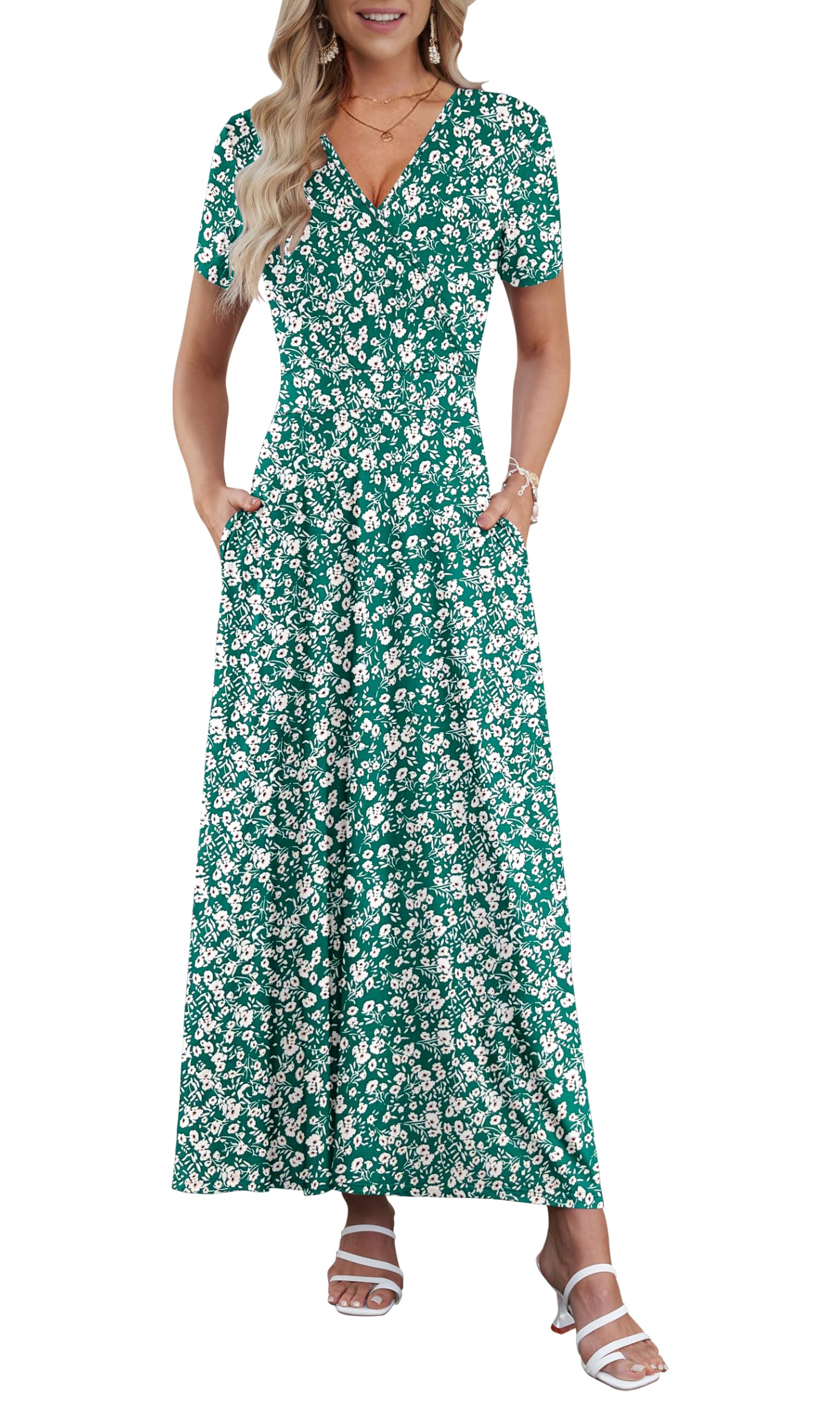 AUSELILY Maxi Dresses for Women Ankle Length Floral Print Beach Long Flowy Dress with Pockets Green Little Flower 2XL Image