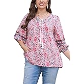 Keluummi Plus Size Summer Tunic Tops for Curvy Women, Casual Boho Floral Loose Shirts Clothes Long 3/4 Sleeve V Neck Blouses