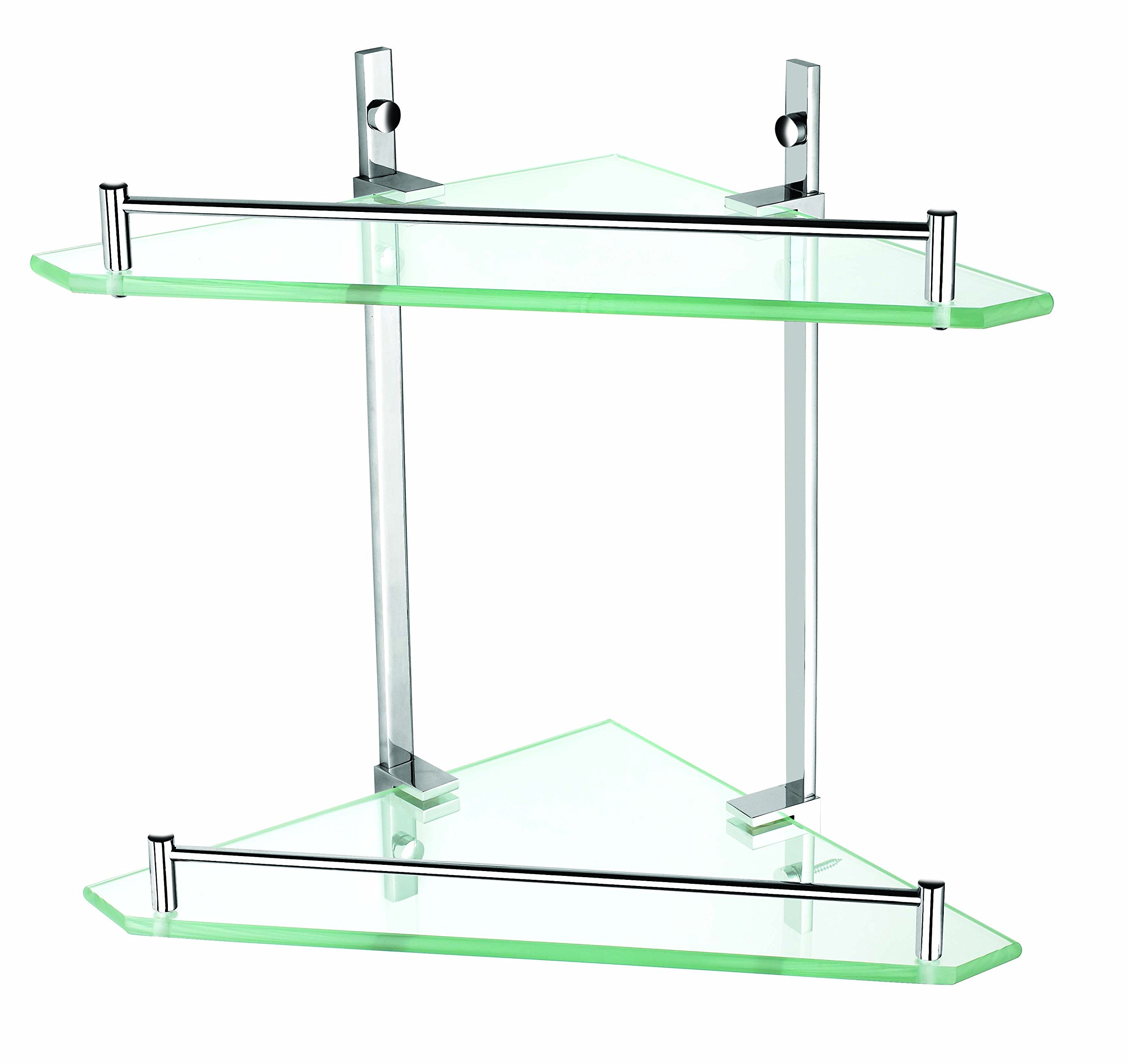 Luxxur LG024 Double level Bathroom Glass Corner Shelf - Chrome on Brass Mounts - totally rustproof 355x250mm