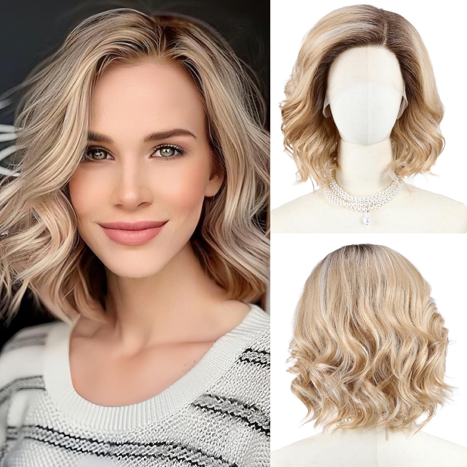 Photo 1 of starluck Side Part Wavy Wig Blonde with Brown Root Layered Lace Front Bob Wig 14 Inch Shoulder Length Heat Resistant Synthetic Wig for White Women