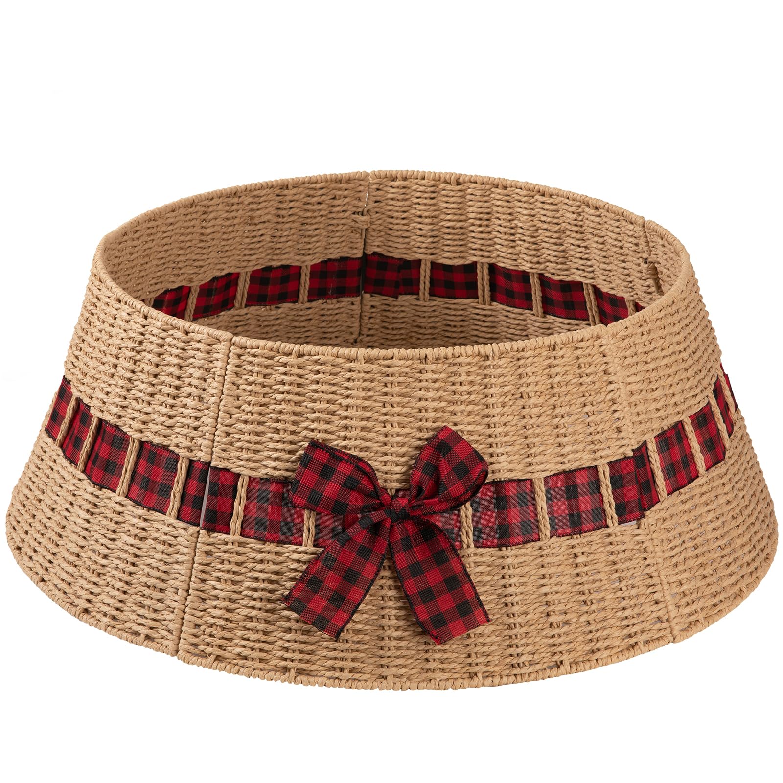 OIAHOMY Christmas Tree Collar, Wicker Holiday Tree Skirt & Stand Base Cover,Paper Rope Christmas Decor with a Bow Tie, Natural-27 inch