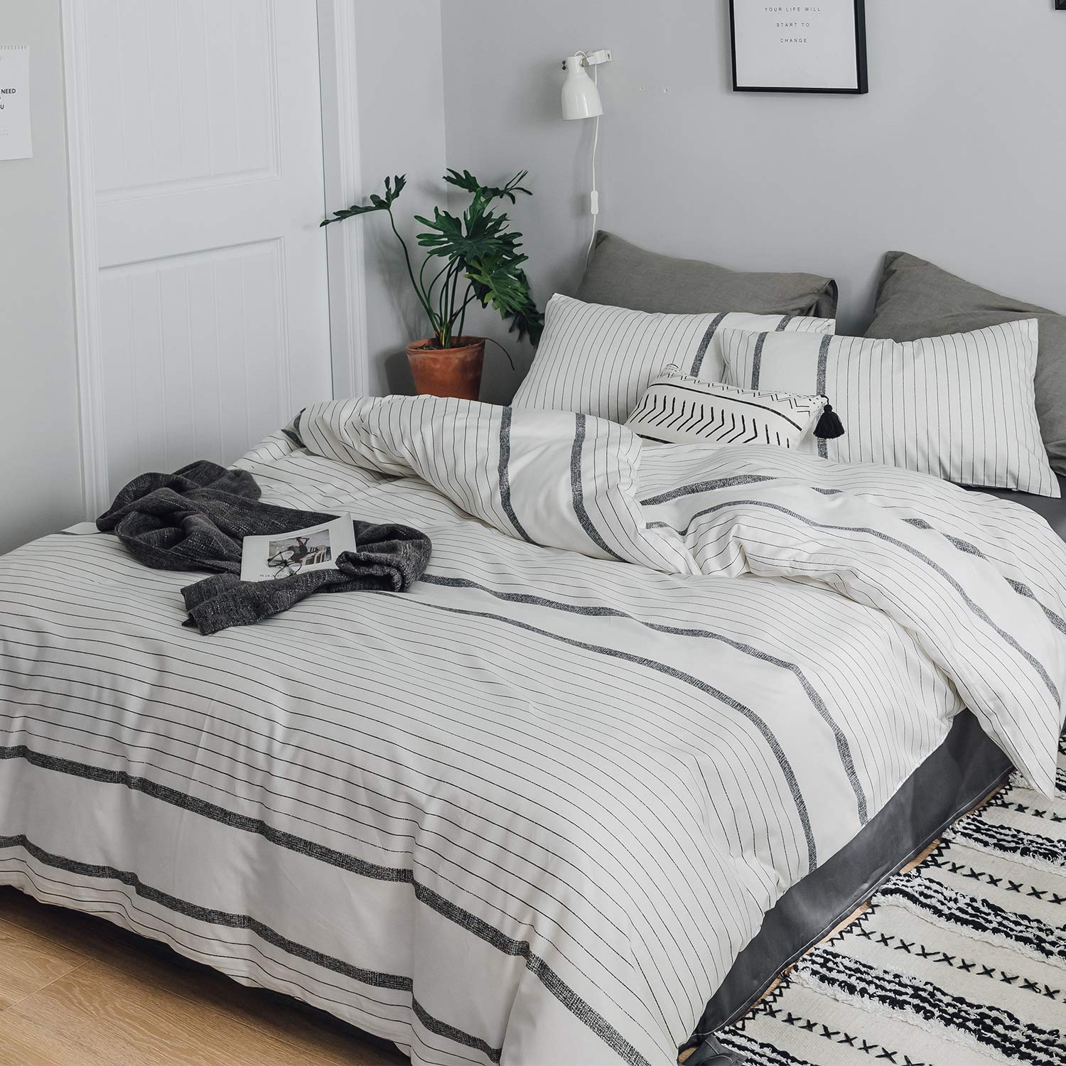 OREISE Duvet Cover Set Queen Size White and Gray Printed Striped Pattern 100% Cotton Bedding Set (1 Duvet Cover + 2 Pillow Shams) with Zipper Closure Soft Breathable Durable