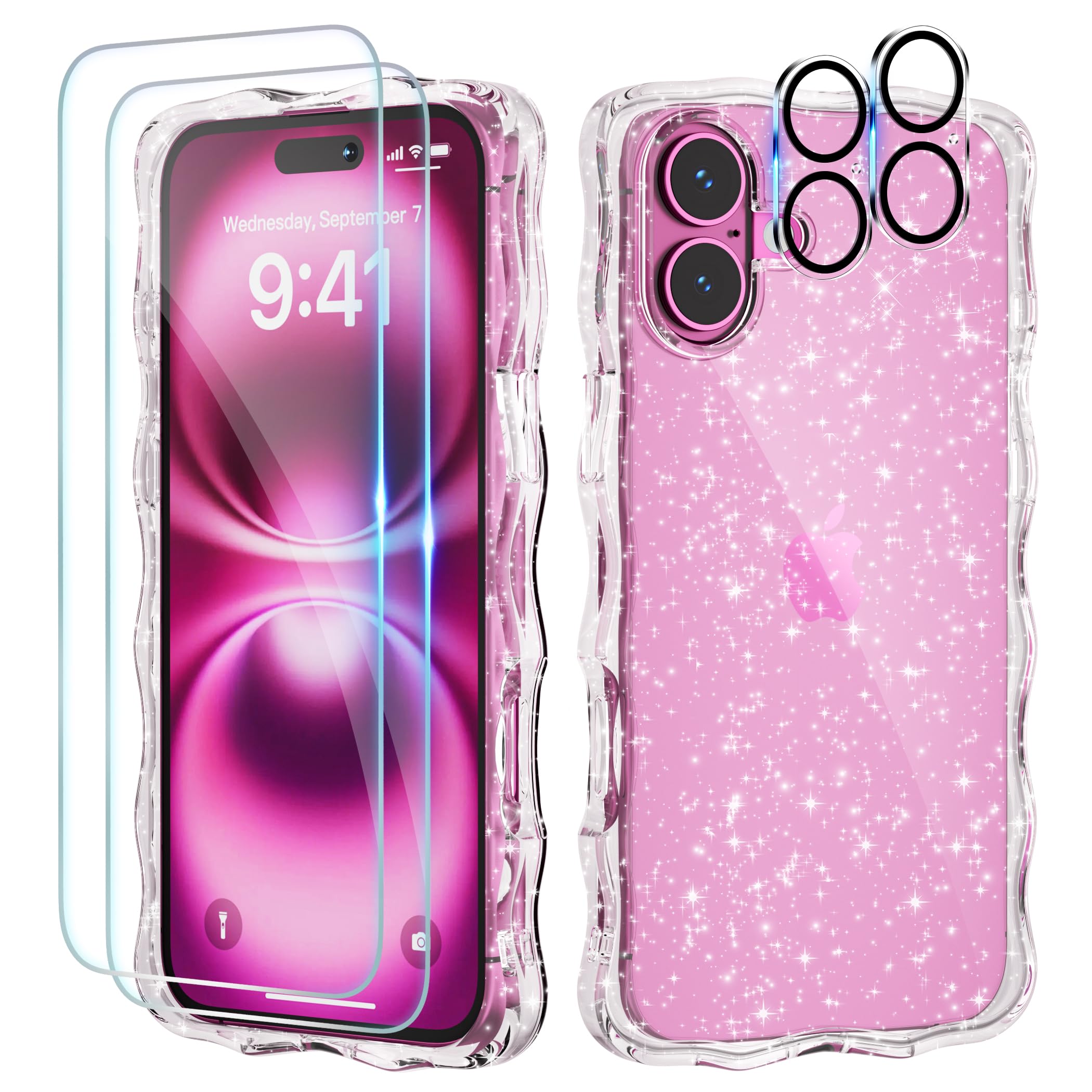 QVLANG for iPhone 16 Plus Case, Women Clear Bling Sparkly Phone Case, Curly Wave Edge, Military Grade Drop Protection, 2 Camera Lens Protectors, 2 Tempered Glass Screen Protectors, Glitter Clear