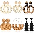 6 Pairs Rattan Earrings Straw Earrings Tassel Woven Bohemian Earring Handmade Wicker Braid Hoop Drop Earring For Women Girls