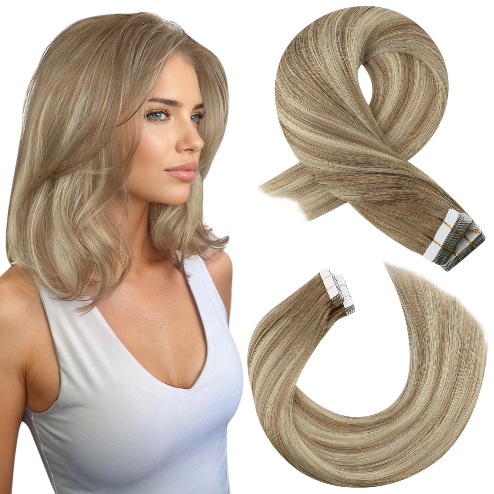 Moresoo Human Hair Extension Tape in Balayage Real Hair Tape in Extensions Light Brown with Platinum Blonde Ombre Tape in Hair Extensions Real Human Hair 12 Inch 20 Pieces/30g #8/22/8 — image 1