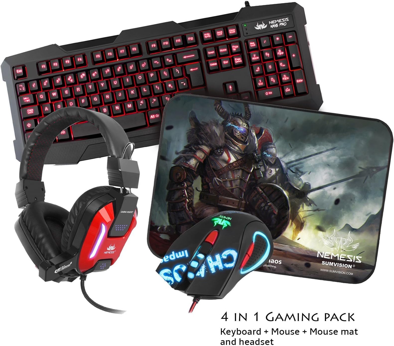 Kane Pro Edition 4 in 1 Chaos Pack - LED Gaming Keyboard, Headset, Headphone & Mouse Mat Pad
