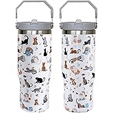 30oz Cat Tumbler with Handle and Straw, Reusable Stainless Steel Insulated Leak Proof Travel Coffee Mug, Cat Gifts for Women