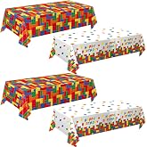 LINHAXM 4 Pack Building Block Party Tablecloths, Colorful Blocks Bricks Disposable Plastic Table Covers for Block-Themed Birthday Party Supplies, 54 &times; 108 Inches