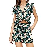 FANCYINN Womens Two Pieces Vacation Outfits Deep V Neck Ruffles Crop Top Drawstring Shorts Set