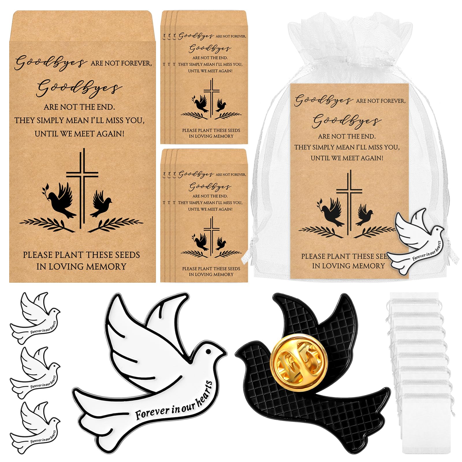 Photo 1 of Misdary 50 Sets Funeral Favors Celebration of Life Gifts Sympathy Pins with Memorial Seed Packets Bulk for Guest(Dove)