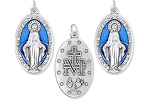 Caritas et Fides Pack of 3 - Large Blue Enamel Miraculous Medal Pendant -1 3/4" Silver Oxidized with Blue Enamel Accent Miraculous Medals for Necklace Catholic - Made in Italy