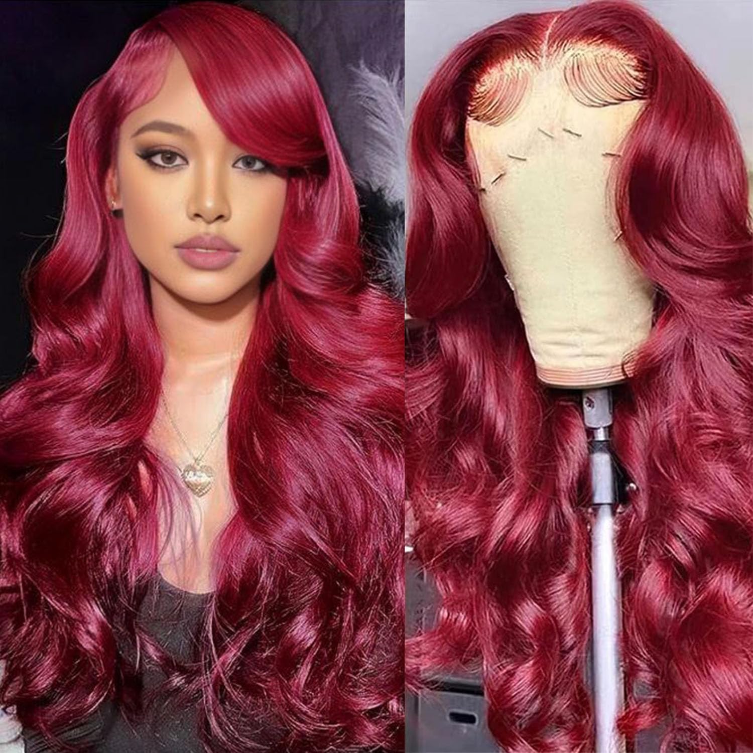 Photo 1 of 24 Inch Burgundy Lace Front Wig Pre-Plucked with 13x4 HD Lace Frontal Human Hair Body Wave wigs for Black Women 180% Density and Mesmerizing 99J Colored Human Hair Lace Front Wigs