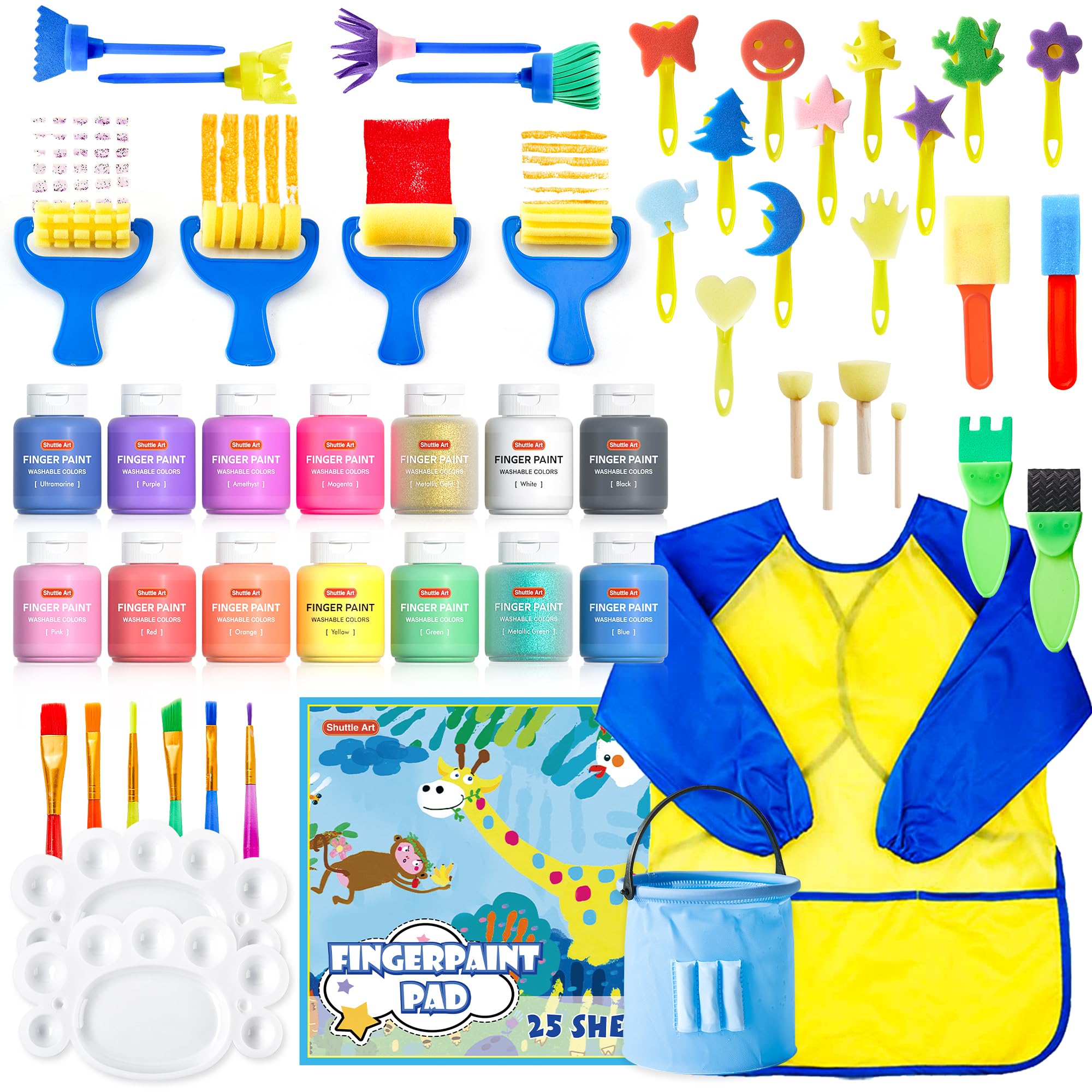 Shuttle Art Washable Kids Paint Set - 46 Pack with 14 Colors (60ml), Brushes, Finger Paint Pad, Sponge, Palette, Smock, Non-Toxic for Toddlers