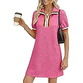 BLENCOT Summer Dresses for Women Casual Half Zip V Neck Short Sleeve Mini Sweatshirt Dress with Pockets