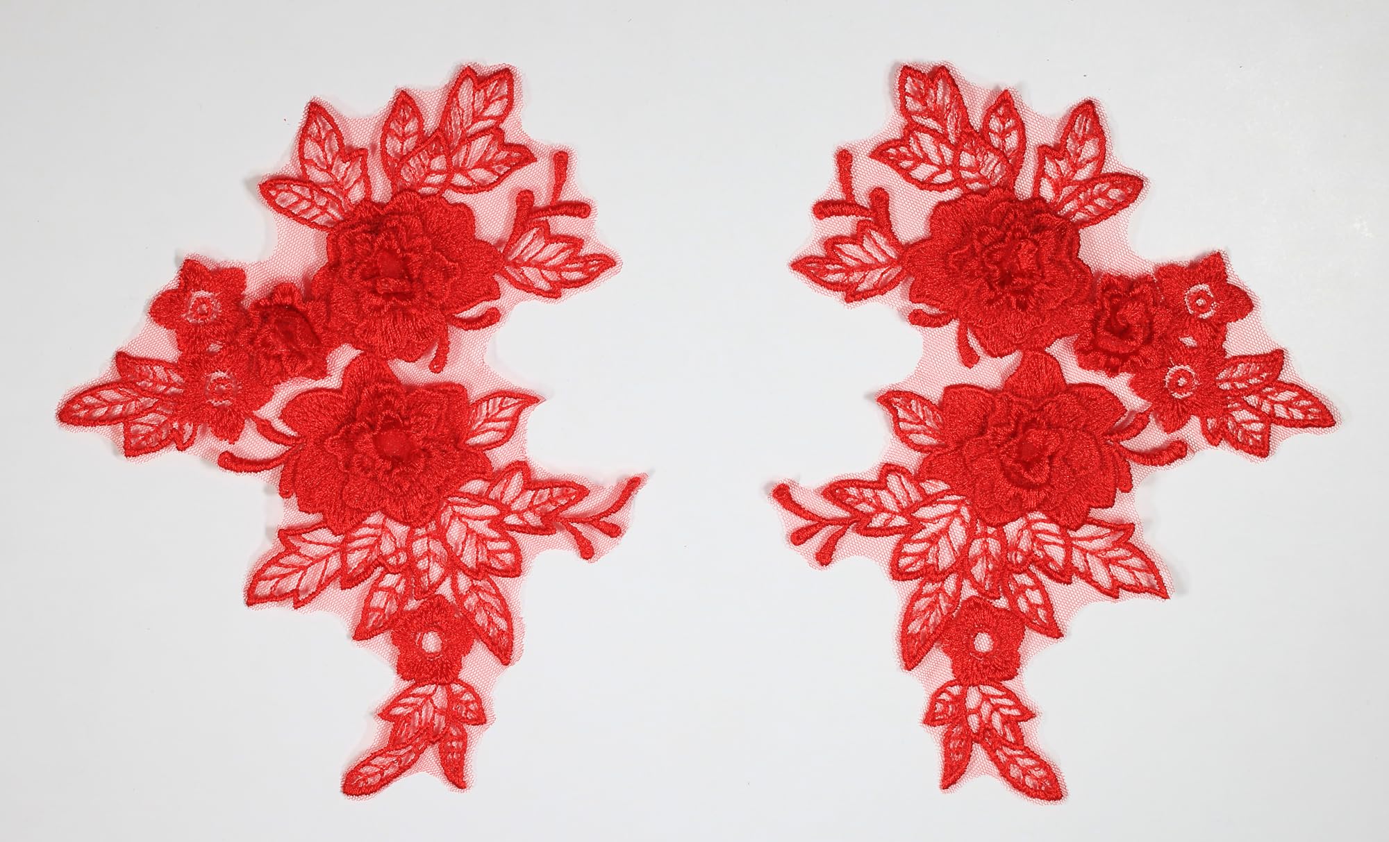 2 Pieces x 3D Lace Applique Motifs Flower Patch Mesh Sew on #5 (Red)