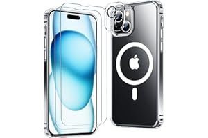 Red2Fire Magnetic for iPhone 15 Plus Case for iPhone 14 Plus Case Clear, [Compatible with Magsafe][2X Glass Screen Protector+Camera Lens Protector] [Not Yellowing] Slim Phone Case 6.7 inch - Clear