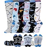 Cutecrop 6 Pairs Funny Hockey Socks for Men Novelty Cotton Knee High Socks with Sticks & Trophy Patterns Winter Senior Night Gift for Hockey Team Player