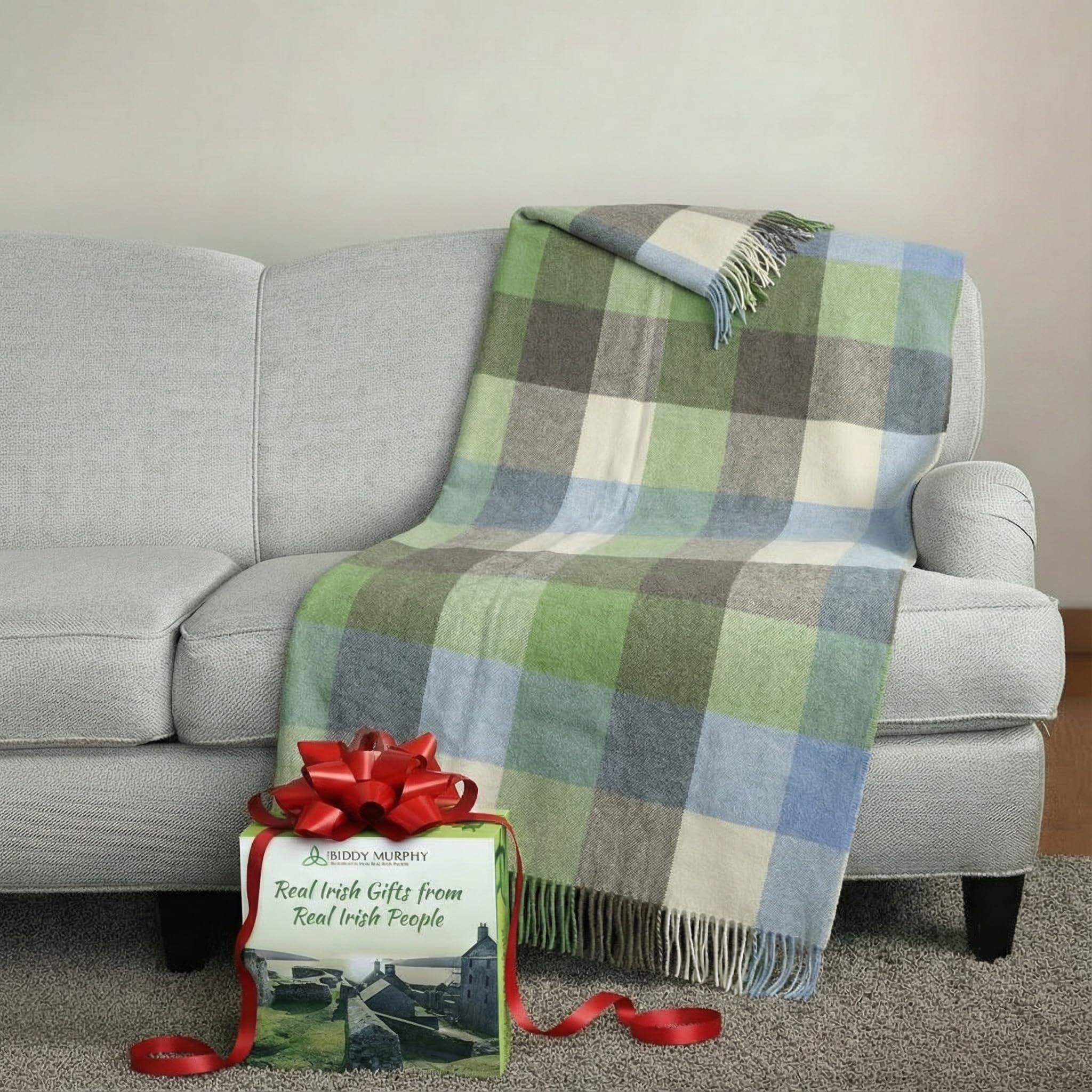 Photo 1 of Biddy Murphy 100% Irish Wool Plaid Throw Blanket — Soft Warm Heirloom Quality, Made in Ireland, 54" x 71", Cream Baby Blue and Green Block Check