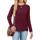 Blooming Jelly Womens Pleated Long Sleeve Shirts Lace Casual Tops Eyelet Crew Neck Tshirts Fall Fashion 2026