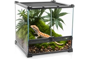 NEPTONION Mini Reptile Glass Terrarium 12"x12"x12" Durable Reptile Habitat Tank with Heat Resistant Aluminum Alloy Frame, Double Swinging Doors with no Jam by Sand and Other Debris
