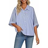 LYANER Women's Striped Button Down Shirts Collar V Neck Half Sleeve Casual Loose Office Work Blouse Tops
