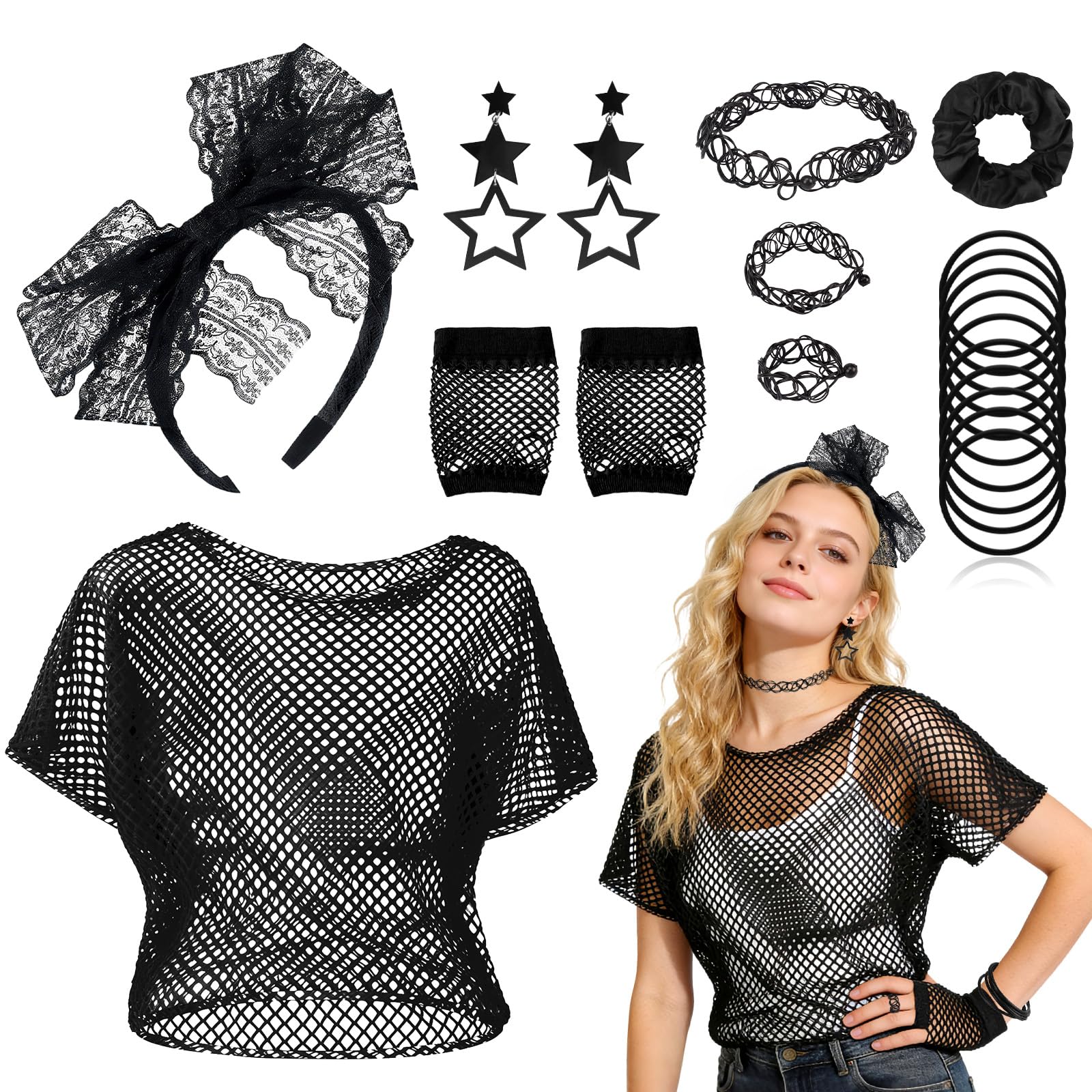 Dazzroi 80s Women Costume Accessories Set, 20Pcs 1980s Party Costume Set Includes Black Fishing Net T-shirt Gloves Headband Earrings Scrunchie Necklace Bracelets Ring for Retro 80s Party