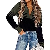 CiCiBird Women Fall V Neck Sweater Color Block Polo Long Sleeve Shirt Casual Loose Striped Pullover Sweaters