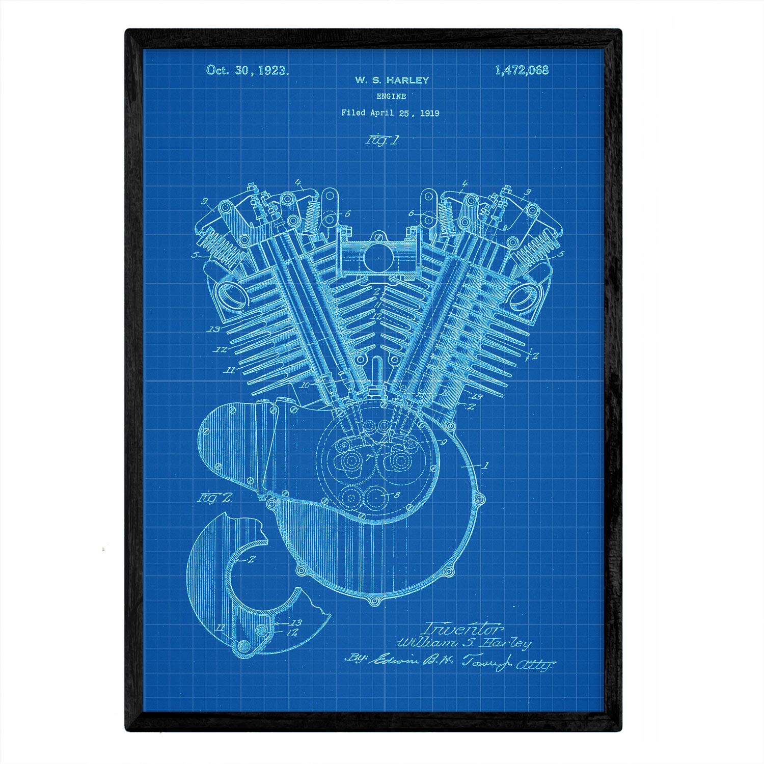 Nacnic Poster patent combustion engine Harley Davidson. Sheet with old design patent A3 size with blue background