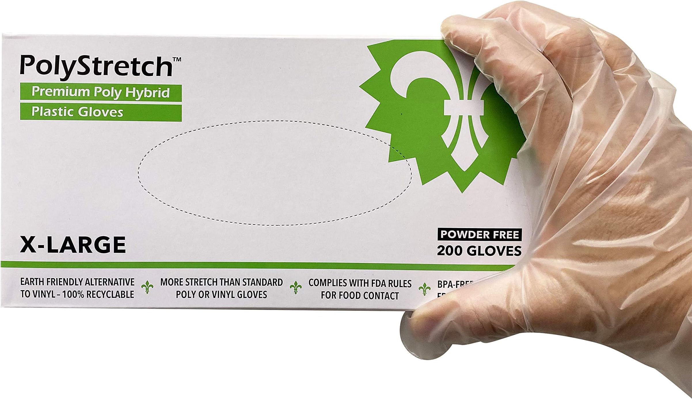 KingSeal200 Count PolyStretch TPE Poly Hybrid Disposable Gloves, Powder-Free, Vinyl Glove Substitute, Size X-Large - 1 Box of 200
