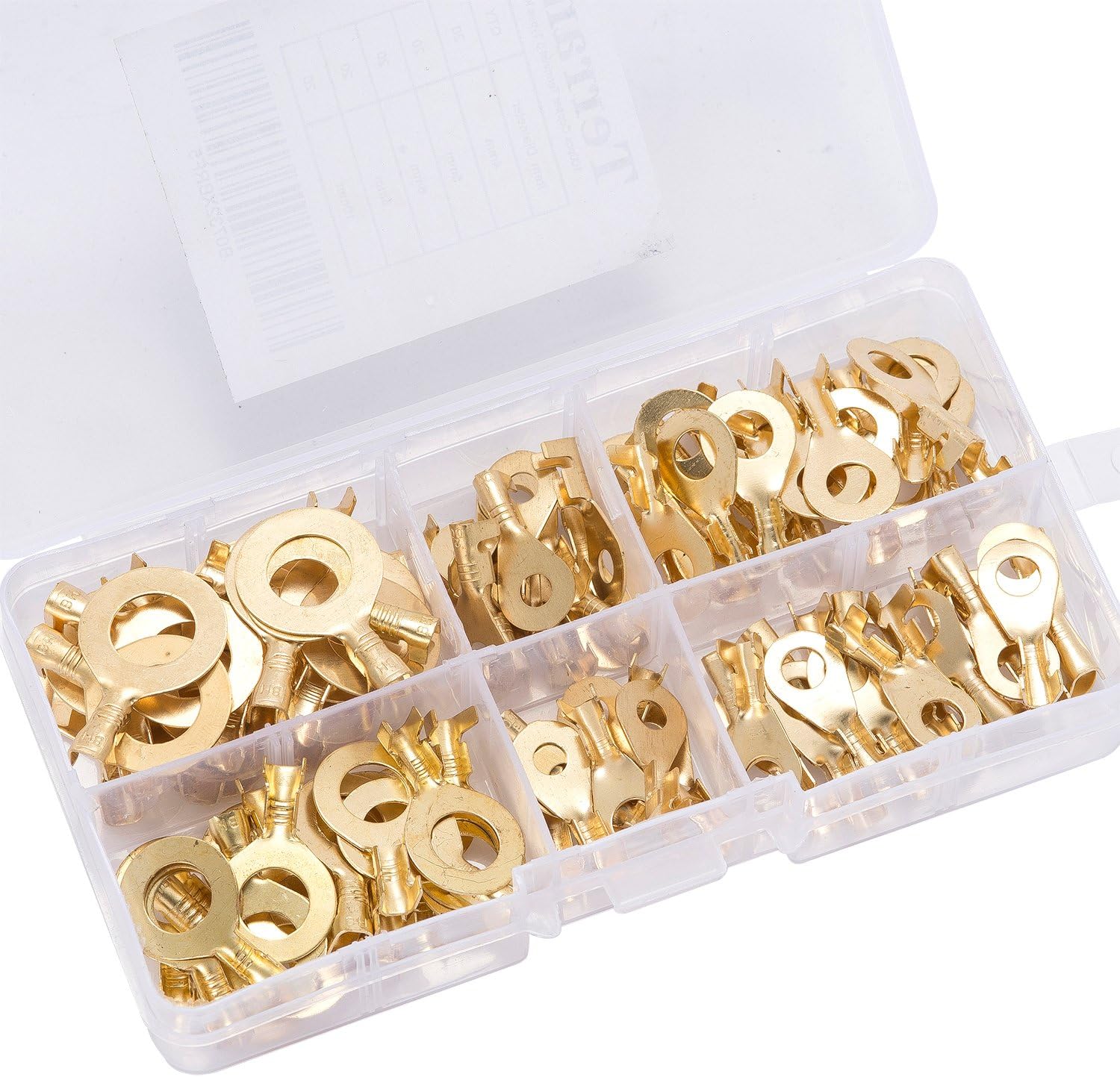 Terrans 100 Pcs Non-Insulated Copper Ring Terminals Assortment Kit Cable Wire Connector Crimp Spade Electric Wire Wiring Kit - 10-4 Gauge - Organizer Case