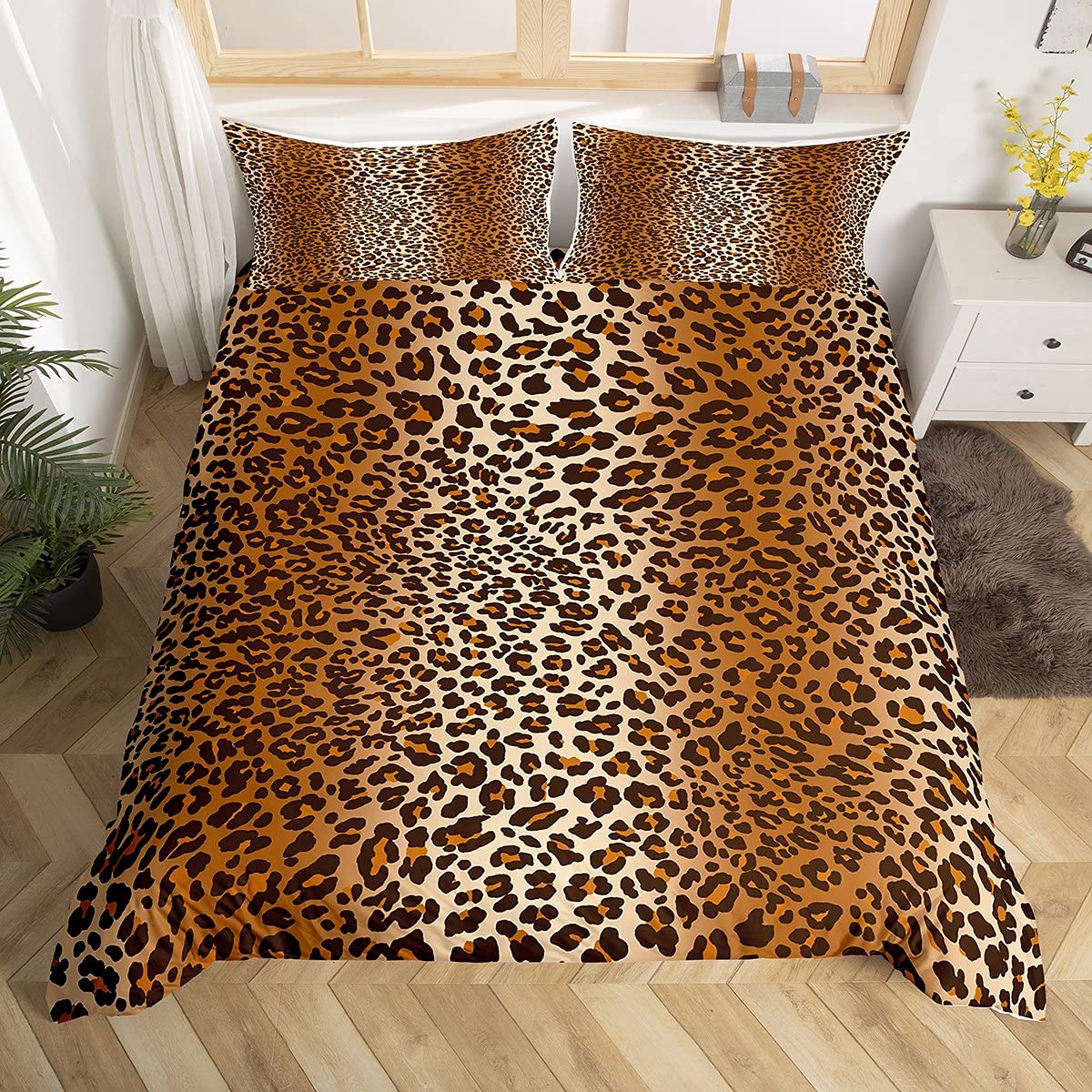 Loussiesd Leopard Print Duvet Cover Luxury Cheetah Printed Bedding Set For Girls Women Wild Animal Theme Comforter Cover Wildlife Style Decor Bedspread King Size Zipper