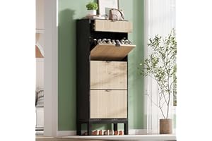 IDEALHOUSE Fluted 3 Flip Drawers Shoe Cabinet with Drawer, Wooden Shoe Rack Cabinet with Metal Legs, 55in Tall Slim Shoe Stor