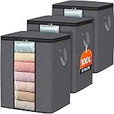 SpaceWhisper 3 Pack 100L Clothes Storage, Foldable Thick Fabric Blanket Storage Bags, Containers for Organizing Bedroom, Closet, Clothing, Comforter,Closet Organization with Handle,Grey
