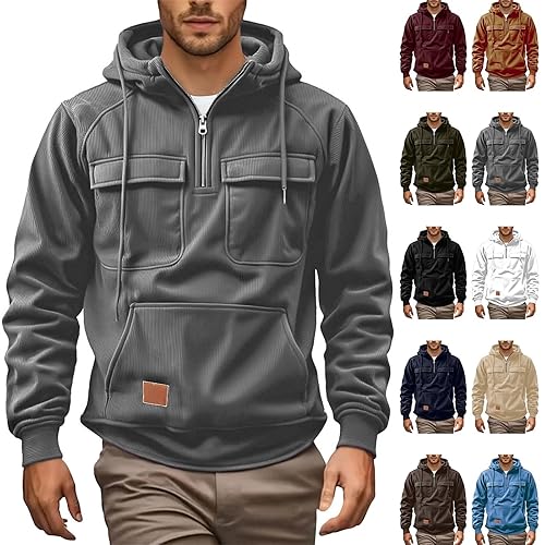 half zipper up,mens hoodies,Hoodies for Men 1/4 Zip Sweatshirt UK Fleece Lined Pullover Hoodie Plain Hoody Long Sleeve Tops Warm Workwear Quarter Zip Jumper Outdoor Hoody Sportswear,Grey,L