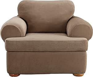 SureFit Home Décor Sure Home Décor Pique T-Cushion Chair Three Piece Slipcover, Stretch Form Fit, Polyester/Spandex, Machine Washable, Taupe Color