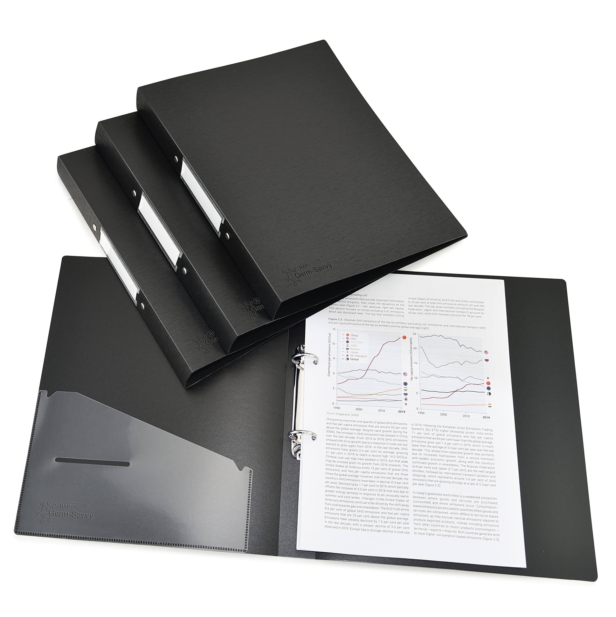 Rapesco 1657 2-Ring Binder with Antibacterial Protection, 35 mm Spine, A4, Black, Pack of 4