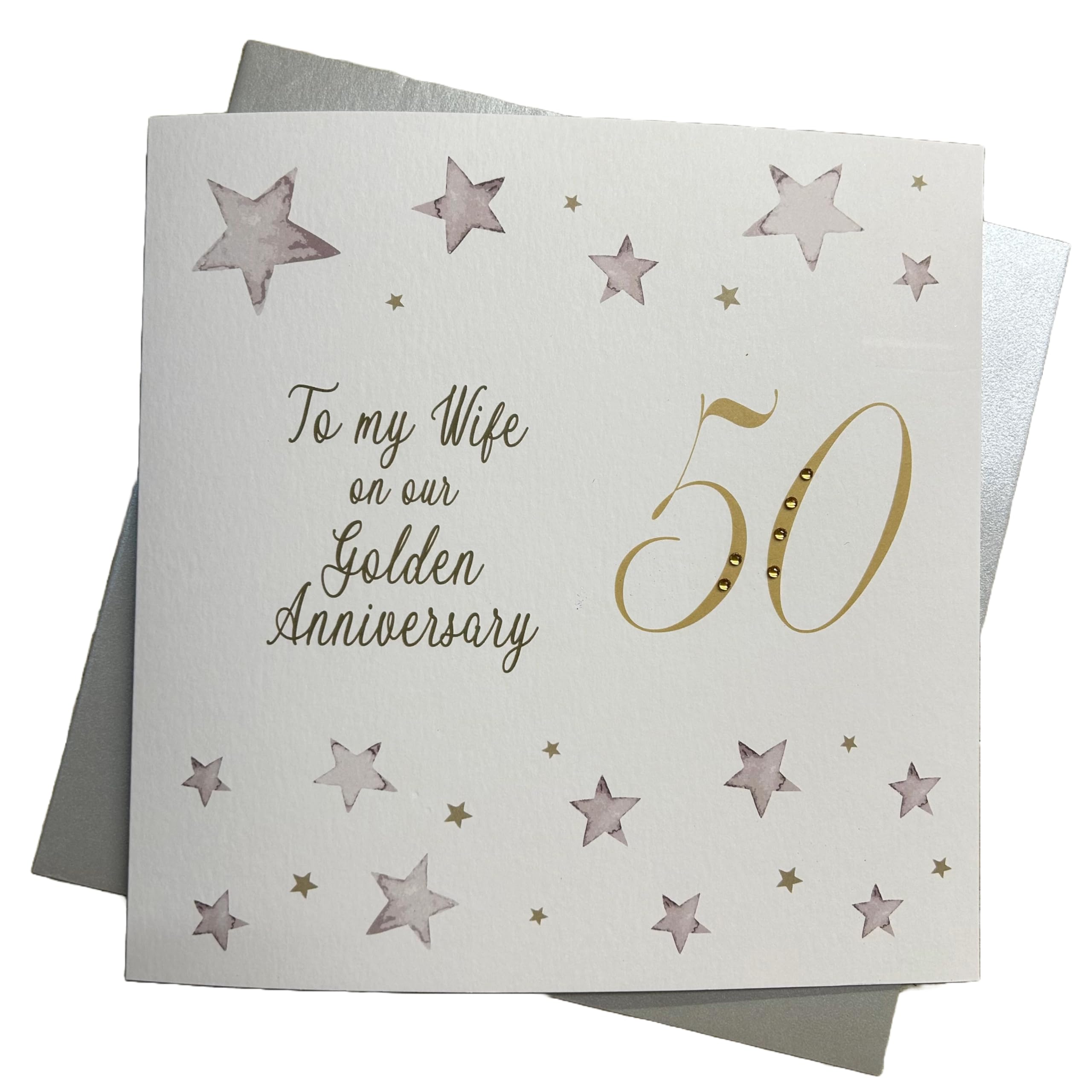 WHITE COTTON CARDS To My Wife 50, Handmade Large 50th Anniversary Card (Big Twist Range, Golden)