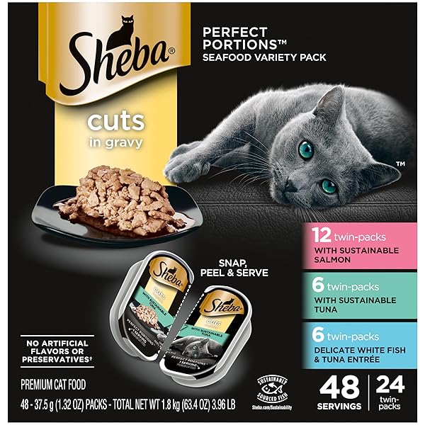 SHEBA PERFECT PORTIONS WET CAT FOOD CUTS IN GRAVY VARIETY PACK, WITH SUSTAINABLE SALMON, WITH SUSTAINABLE TUNA, AND DELICATE WHITEFISH & TUNA ENTREE, 2.6 OZ. TWIN-PACK TRAYS (24 COUNT, 48 SERVINGS)