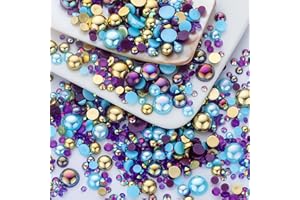 MYYKO 60g Gold Aquamarine Pearls Rhinestones for Crafts Mixed Size 3mm-10mm AB Color Round Half Pearls Flatback Pearl Beads and Resin Rhinestones Set for Face Art with Gel