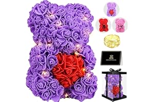 Otlonpe Rose Flower Bear 10 Inch,Cute Christmas Birthday Gifts for Women Mom Wife Girlfriend Daughter Sister,Led Light Up Rose Bear in Gifts Box,Women Gifts for Christmas Anniversary Holiday (Purple)