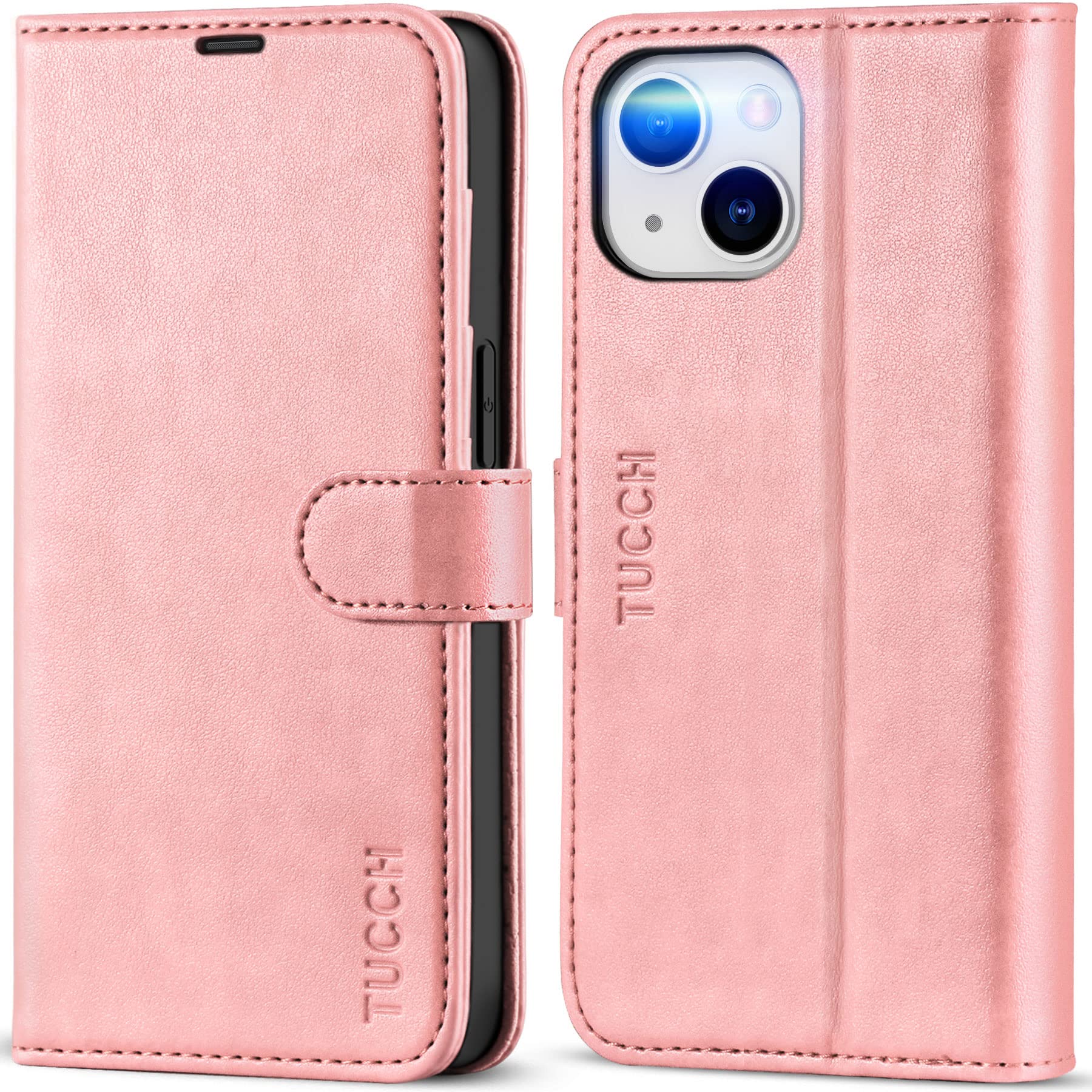 Photo 1 of TUCCH Wallet Case for iPhone 14 6.1-inch 5G, [TPU Shockproof Inner Shell] PU Leather [RFID Blocking] 4 Credit Card Holder Magnetic Kickstand Flip Cover Compatible with iPhone 14 (6.1"), Rose Gold