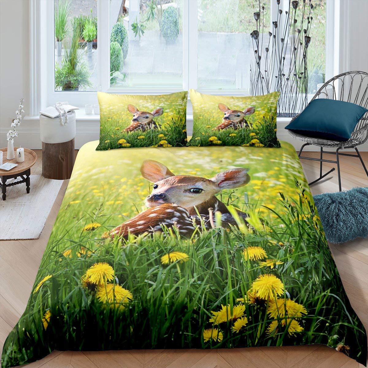 Cute Deer Bedding Set Daisy Duvet Cover for Kids Boys Girls Antlers Spring Comforter Cover Botanical Floral Animal Bedding & Linen Bedroom 3Pcs King Size