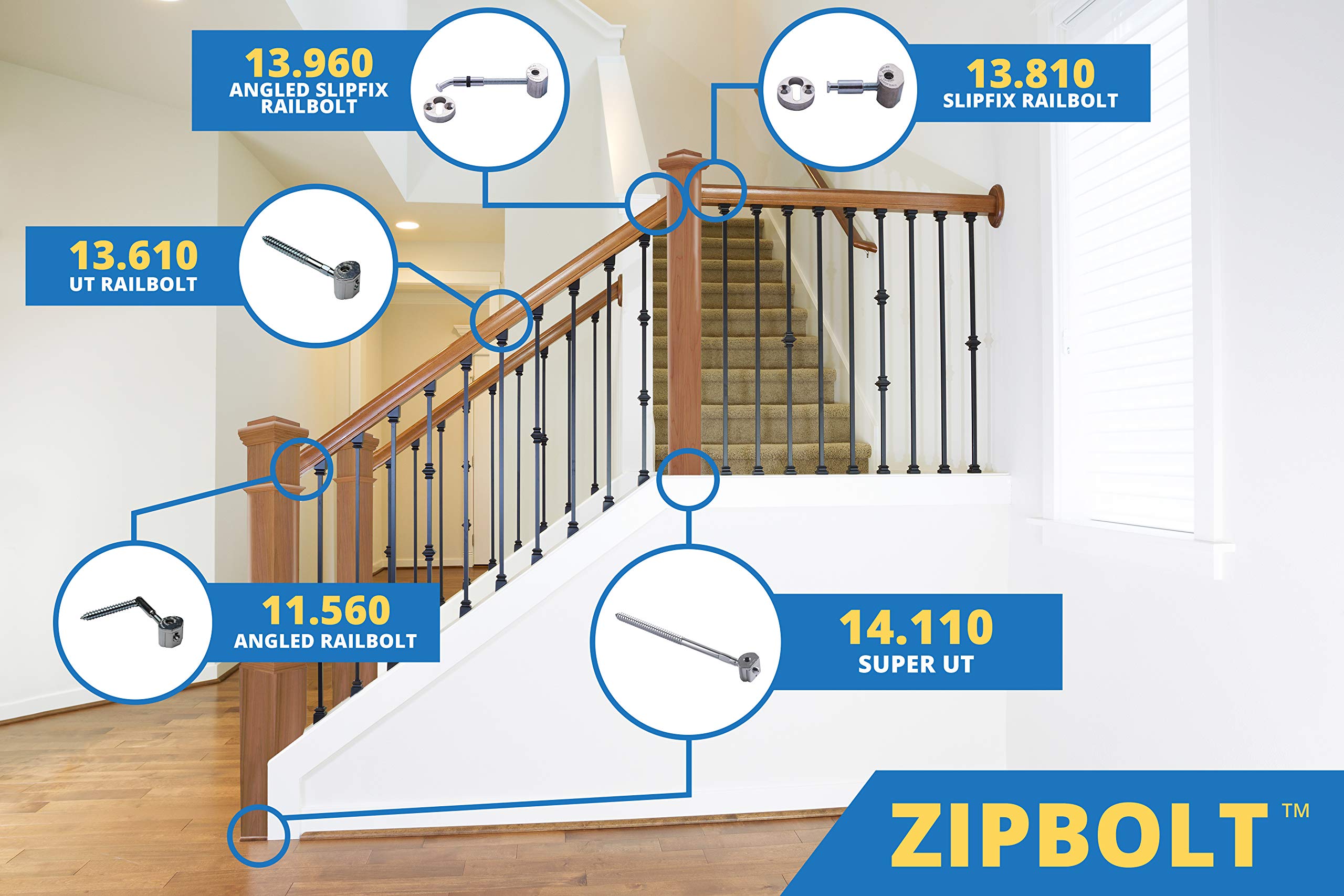 Zipbolt 11.560 Angled Railbolt Angled Staircase Handrail or Banister