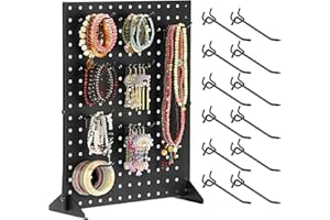 OGANAZI Portable Pegboard Display Stand, Sturdy Metal Peg Board Store Display Pegboard Jewelry Display Stands Tabletop with 12 Hooks for Boutique, Retail Stores, Vendors Events 17'' x 13", Black