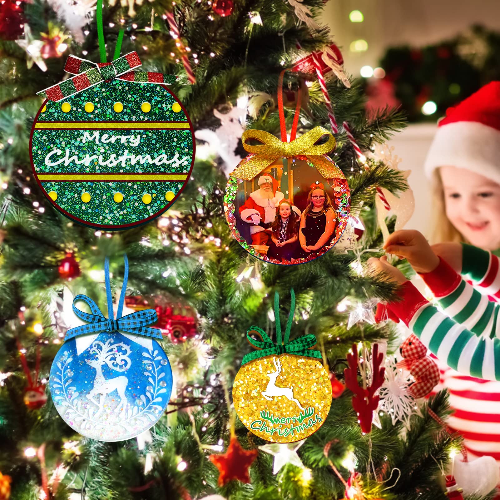 Juome Christmas Ornaments Resin Molds Silicone, 4 Pcs Round Shape Pendant Christmas Molds for Epoxy Resin, DIY Crafts Keychain Making Christmas Tree Decorations